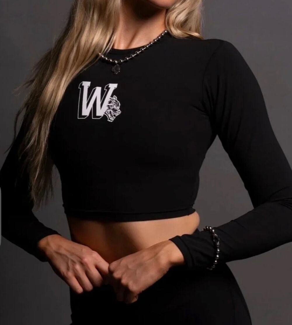 Darc Sport SHE black long-sleeve crop top white W logo wolf graphic chest S NWT